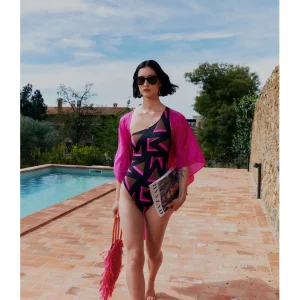 Lola Casademunt Baño<Bañador asimétrico estampado NEGRO-ROSA