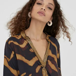 Lola Casademunt Camisas Y Blusas | Baño<Caftan corto estampado cebra NEGRO-METAL