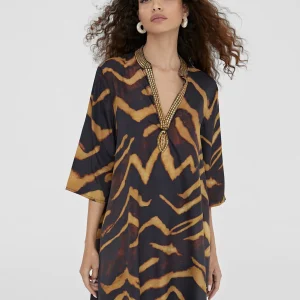 Lola Casademunt Camisas Y Blusas | Baño<Caftan corto estampado cebra NEGRO-METAL