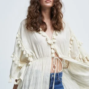 Lola Casademunt Baño<Caftan largo con pompones NEGRO