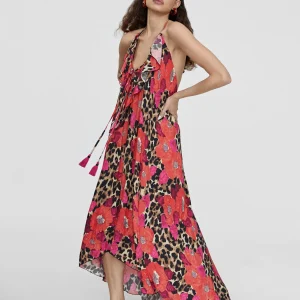 Lola Casademunt Baño<Caftan largo con volantes ROJO-AZUL