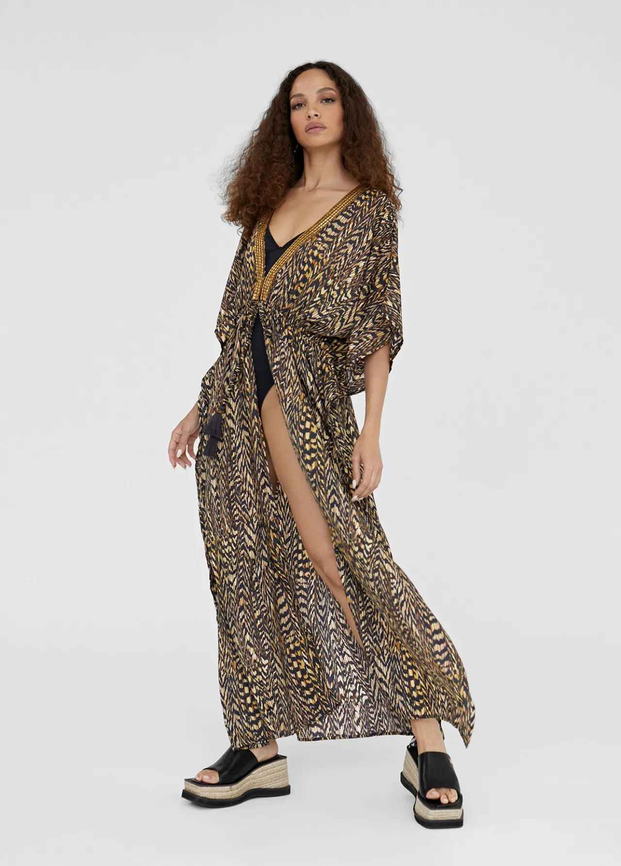 caftan_largo_estampado_0.webp Lola Casademunt Baño<Caftan largo estampado NEGRO-MARRON