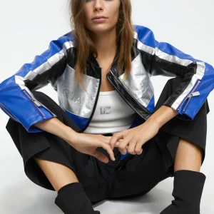 Lola Casademunt Abrigos Y Cazadoras | Chaquetas Y Gabardinas<Cazadora biker tricolor AZUL-GRIS