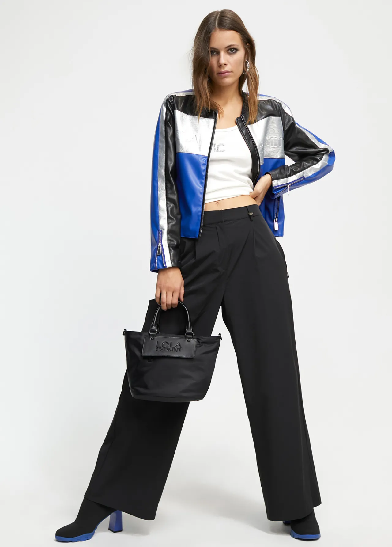 cazadora_biker_tricolor_2.webp Lola Casademunt Abrigos Y Cazadoras | Chaquetas Y Gabardinas<Cazadora biker tricolor AZUL-GRIS
