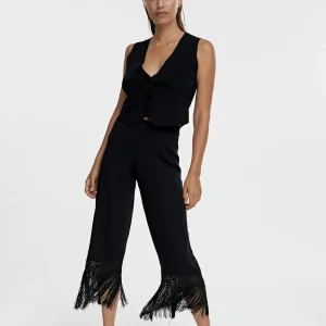 Lola Casademunt Pantalones<Pantalón punto flecos NEGRO