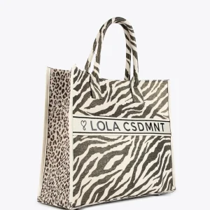 Lola Casademunt Bolsos<Shopper tejido combinado zebra y leopard CRUDO-MARRON