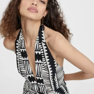 Lola Casademunt Baño<Vestido halter estampado étnico NEGRO-BLANCO