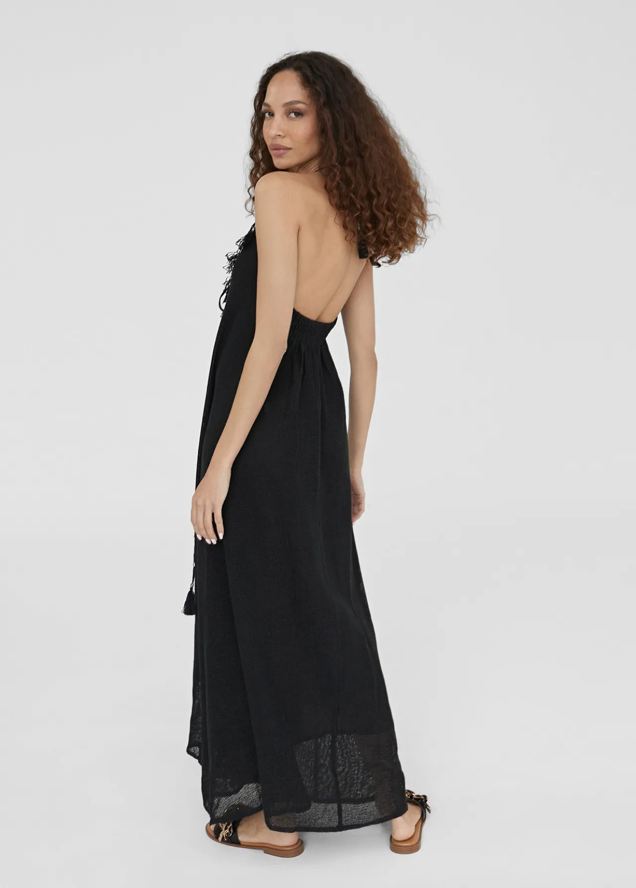 vestido_largo_tejido_desagujado_1.webp Lola Casademunt Vestidos Y Faldas | Baño<Vestido largo tejido desagujado NEGRO